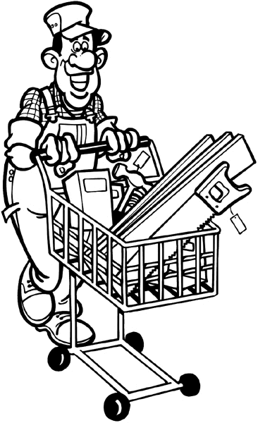 Man with shopping cart of supplies vinyl sticker. Customize on line.     Building Supplies 015-0043  